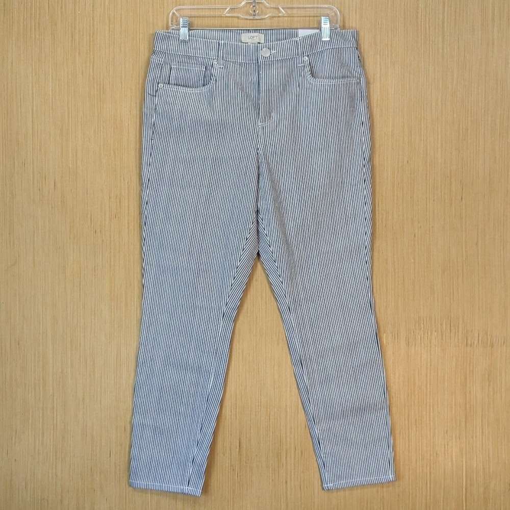 Loft Skinny Ankle Pants Womens 12 Blue White Stripe Slim Fit Casual Nautical New